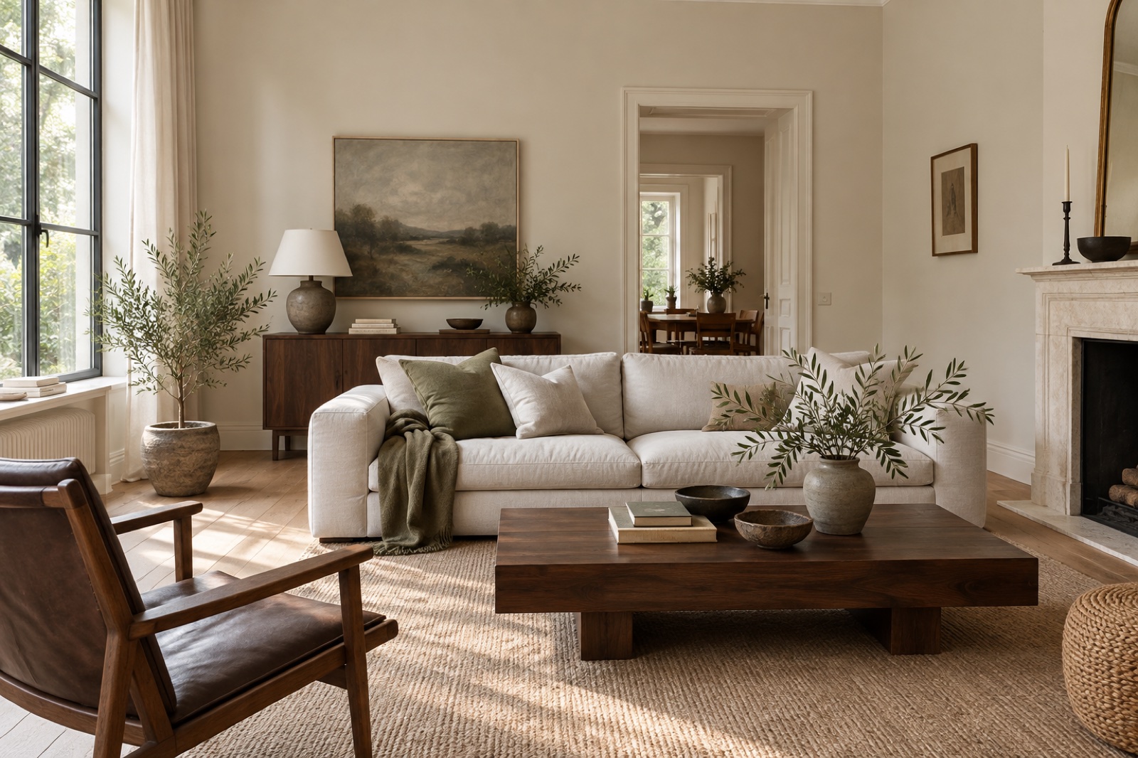 Living room with pale warm greige walls, linen seating and dark wood